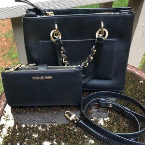 🔴Michael Kors Black and Gold Crossbody with Wallet Set